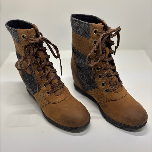 Sorel After Hours Wedge Boots Womens 9 Brown Leather Felt Lace Up NL3376 - Picture 3 of 11